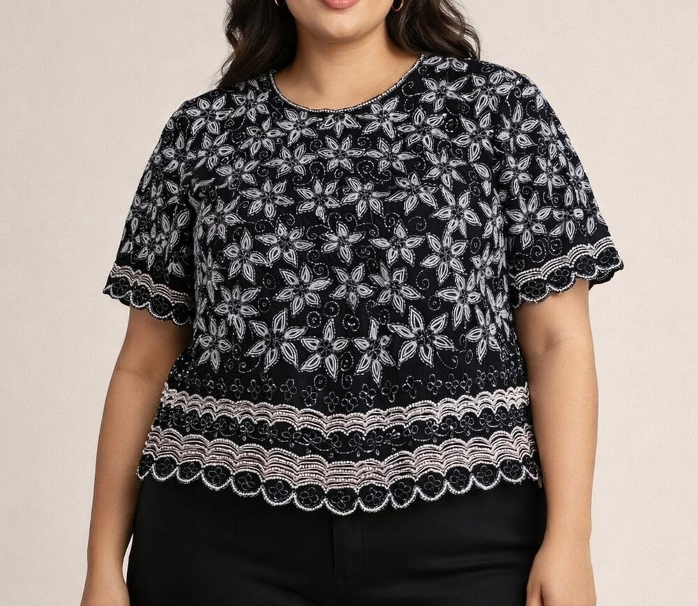 Papell Boutique Evening Top Size XL Black Beaded Silk Floral Scallop Hem Vtg